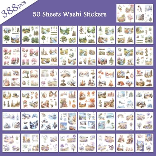 RISYPISY 388pcs Landscape Theme Sticker Book Washi Stickers for Journaling | 50 Sheets of Ephemera Stickers for Junk Journal, Scrapbooking, Planners & Collage Crafts