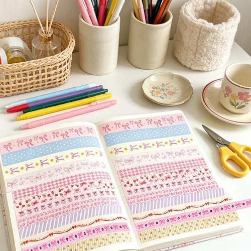 42 Rolls Bow Aesthetic Washi Tape Set with 10 Organizer Cards, Cute Pink Decorative Masking Tape for Journaling, Scrapbooking, Planners, Junk Journal, Gift Wrapping, DIY Crafts and Stationery Supplies