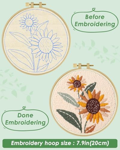 ERKOON Punch Needle Kit Beginners Adults, DIY Easy Flower Embroidery Set for Starter Art Craft, Needling Punching Project with Patterns, Tools, Yarns, Hoop, Instruction (Sunflowers)