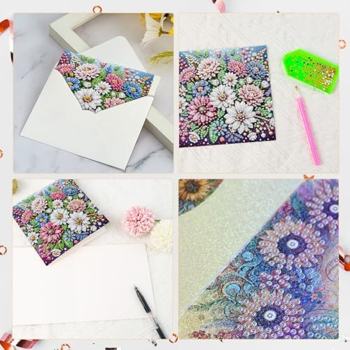 antor 6 pcs Diamond Painting Greeting Card Kits - Beautiful Floral Design with Fine Glitter, 5D DIY Creative Special Shaped Diamond Art Cards for Birthday Holiday Congratulations Crafts Gifts