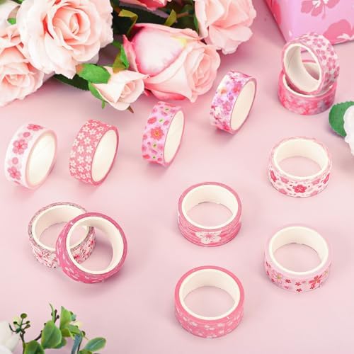 Whaline 12 Rolls Cherry Blossom Flower Washi Tape Floral Masking Tape Set Pink Sakura Decorative Wrapping Paper Tapes Boxed for Spring Scrapbook Journal DIY Crafts