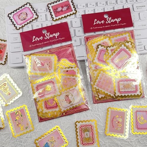 50 PCS Cartoon love stamps Stickers Aesthetic PET Stickers Gold Stamp Decal Waterproof Decorative Decals for Scrapbook DIY Crafts Album Bullet Journal Planner Water Bottles Laptop Phone (Gold stamp-B)