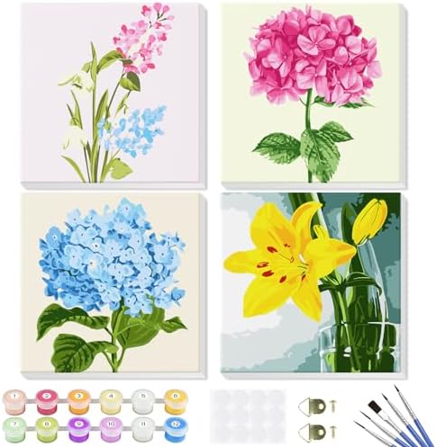 Genius maker Paint by Number for Adults Beginners, 4 Pack DIY Adult Paint by Number Kits on Canvas Framed, Flowers Color by Numbers Acrylic Oil Painting Number Kits Crafts for Home Wall Decor 8x8inch