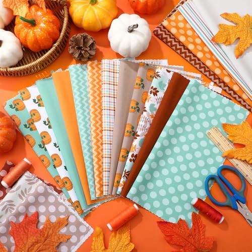 HunnmingRe 20 Pcs 10''x10'' Fall Quilting Fabric Square Autumn Pumpkin Precuts Quilted Fabric Bundle Thanksgiving Maple Polka Dot Stripes Printed Sewing Material for Patchwork DIY Craft Supplies
