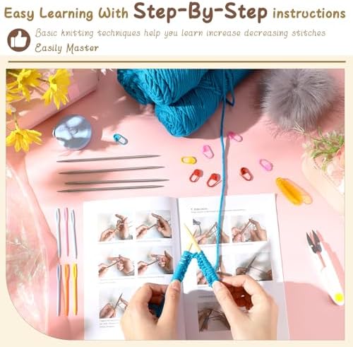 Maasechs Knitting Kit for Beginners Adults Learn to Knit Hat Scarf Glove Complete Knitting Starter Kit with Yarn, Needles, Faux Pom Pom and Step by Step Instruction for Women and Men (Lake Blue)
