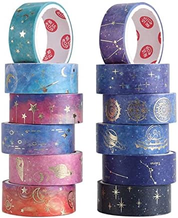 12 Rolls Galaxy Washi Tape Set, Gold Foil Decorative Masking Tape for Scrapbooking, Journal, Planner, DIY Crafts, Gift Wrapping