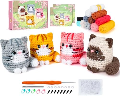 Crochet Kit for Beginners -4 PCS Cat Crochet Kit with Step-by-Step Video Tutorials, Learn to Crochet Kits for Adults, Beginner Crochet Kits for Adults, Animals Cat Crafts Knitting Kit Galentines Gifts