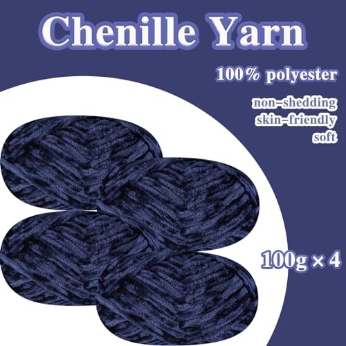 4 PCS 400g Soft Chenille Velvet Yarn for Crocheting,Fluffy Warm Yarn for Knitting and Crochet DIY Craft Blanket Bag Hat Scarve Clothe Gloves Slippers Doll (Navy Blue)