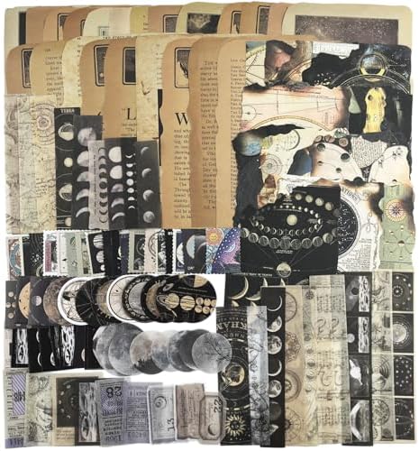 Vintage Aesthetic Scrapbook Supplies Kit with Scrapbook Paper, Stickers for Scrapbooking, DIY Albums, Junk Journals, Bullet Journals, Celestial Universe Planets Space Collage Decor (Dark4 125 Pcs)