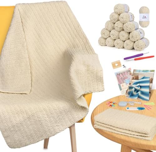 Aeelike Crochet Blanket Kit for Beginners, Easy Soft Crochet Kit, Khaki