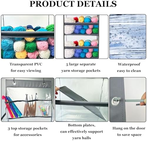 Hanging Yarn Storage Organizer,Large Capacity Yarn Storage Bag with 5 Yarn Balls Storage Pockets & 3 Top Crochet/Knitting Needles Pockets,Transparent Door Hanging Knitting Organizer Storage