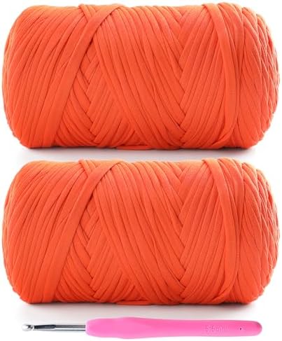 2 Pack Tshirt Yarn for Crochet - 800 g/260 yds T Shirt Yarn for Crocheting Bags/Baskets/Home Decor - Soft Elastic Fabric T-Shirt Yarn with 1 Crochet Hook (2, Orange Red)