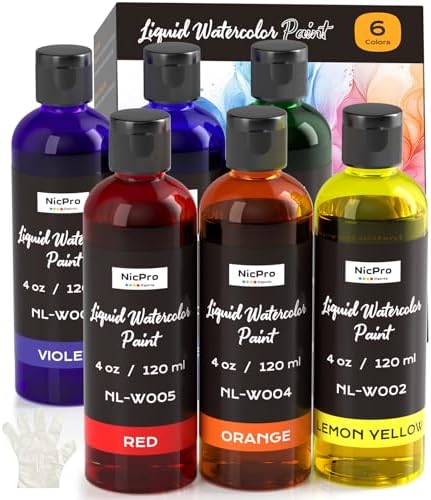 Nicpro 6 Colors Liquid Watercolor Paint Set, 4oz Non-Toxic Water Colors