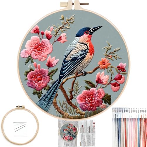 FONNUY Embroidery Kit for Beginners, Hummingbird Flowers Pre-Stamped Pattern Kits for Adults with Hoop, Easy to Follow Color Thread Needlework, 8''Hoop (Blue)