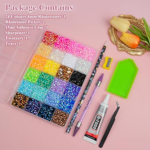 30000Pcs Resin Jelly Rhinestones for Bedazzling, EARLMONI Flatback Gems Bedazzler Kit with 15ml B7000 Jewelry Glue Rhinestones Picker Tool (4mm 24 Colors)