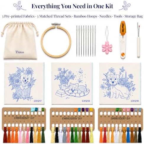 Thinas Embroidery Kit for Beginners Adults, 3 Pack Stamped Dog Embroidery Starter Set with Patterns & Video Tutorial, DIY Sewing Craft Supplies for Dog Lovers, Home Decor Gift Idea