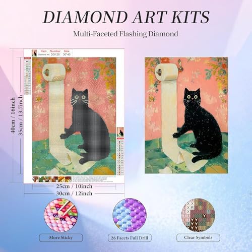 Black Cat Diamond Art Kits for Adults Round Diamond Painting 12x16 Inch