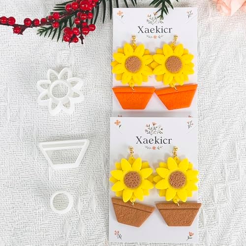 Xaekicr Sunflower Clay Cutters Set – 3PCS Polymer Clay Molds for Earrings, Flower Pot Clay Earring Cutters, DIY Tools for Jewelry Making