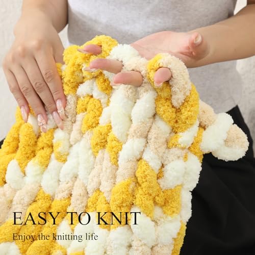 Chunky Yarn for Hand Knitting, No7 Thick Yarn, 250Grams 32Yards, Pack of 4, Perfect for Knitters and Crafters (Turmeric Yellow Off-White)