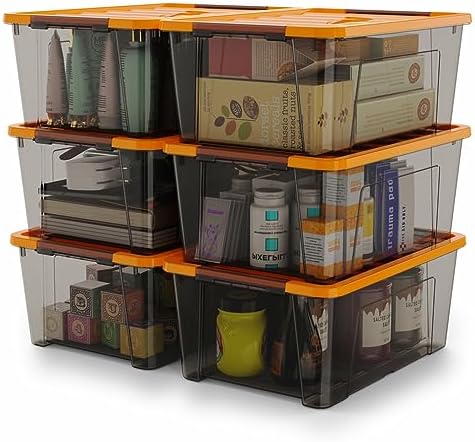 WYT 5-Quart Small Storage Container Bin with Orange Secure Lid and Black Clear Latch Buckles, Durable Plastic Stackable Nestable Organizin, 6-Pack