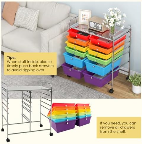 LDAILY 12 Drawer Rolling Storage Cart, Craft Cart Organizer on Wheels w/Metal Frame, Large Capacity & Smooth Drawer, Rolling Cart w/Drawers for Classroom, Office