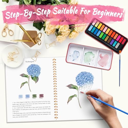 Watercolor Workbook - Coloring Book Beginner Friendly Painting Kit, Watercolor Workbooks for Adults, Exploration Gift for Adults Teens (Flowers-Animals, 24 Color Palette)