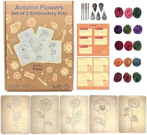Wooden Flower Lacing Embroidery Kits for Beginners, Set of 5 Learn-to-Stitch Craft Boards, Sewing & Embroidery Art Kits for Kids Ages 8+, DIY Craft Projects, Educational Gifts, Party Favors (Autumn)