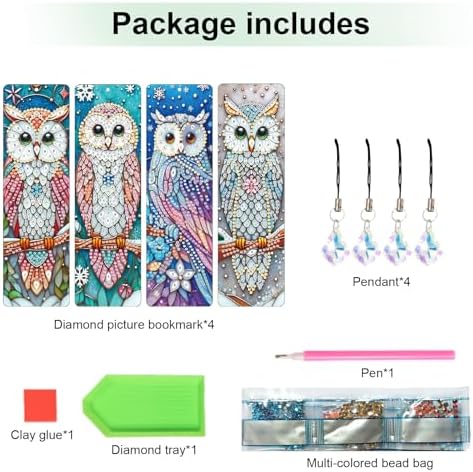 4 Pcs Diamond Painting Bookmarks, Owl DIY 5D Special Shaped Rhinestone Bookmark Kits for Adults, Handmade Diamond Art Bookmark with Tassel Pendant for Reading Gifts