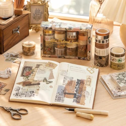 Washi Tape Set, 24 Rolls Vintage Washi Stickers, Assorted Sizes, for Junk Journal Scrapbook Tape, Bullet Journaling Scrapbooking Supplies, Planner Sticker DIY Craft DéCor (Brown)