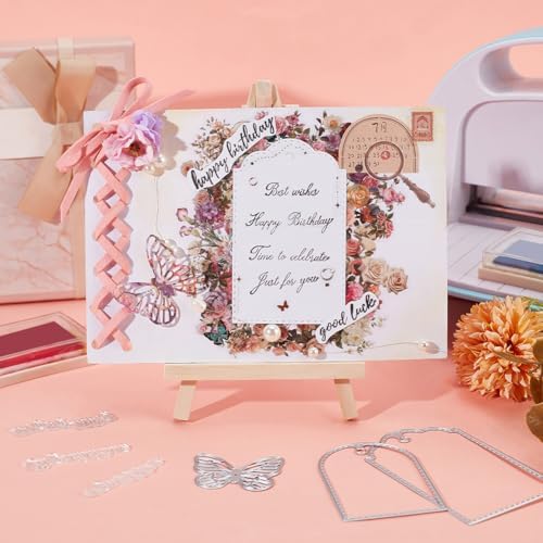 INFUNLY Word Label Tag Clear Stamp and Die Cut for Card Making Word Cutting Die Butterfly Die Cut Happy Birthday Word Clear Stamps for DIY Craft Scrapbooking Blessing Easter Greeting Card Decor