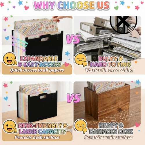 12x12 Scrapbook Paper Storage Organizer, Expandable 13 Pocket Desktop Paper Organizer Storage for Scrapbook Essentials, Large Scrapbook Storage for Photos, Washi Tape, Sticker (Black)