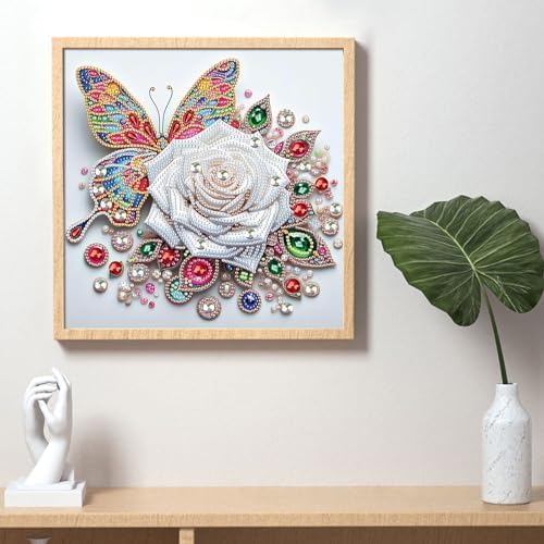 5D Special Shape Diamond Art Kits for Beginners, Diamond Painting Kits for Adults, Crystal Rhinestones Diamond Painting for Home Wall Decoration Gift 12×12 inch/30×30 cm, Butterfly and White Rose