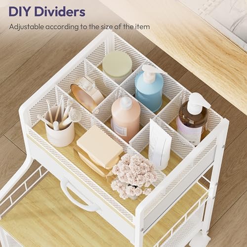 SWTYMIKI Under Desk Storage Cart- Art Storage Cart with Drawers & DIY Divider - Office Cart Organizer Under Desk Shelf, Craft Rolling Cart for Office, Craft Room & Studio White