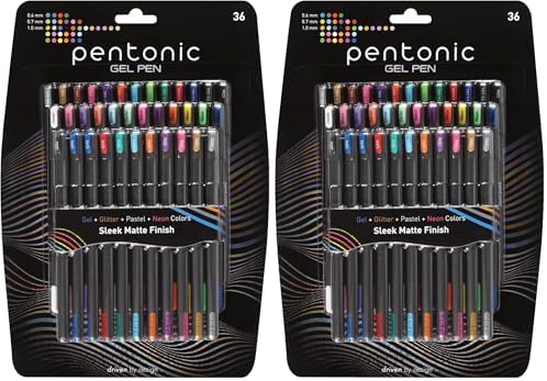 Pentonic Gel Pens, 36 Count, 36 Assorted Colors (Assorted Color, Neon, Pastel & Glitter), Medium & Fine Point, Smooth Writing For Journaling (1002358) (Pack of 2)