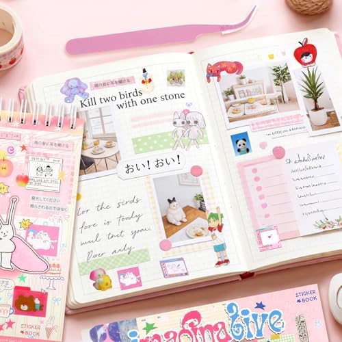 50 Sheets Japanese Sticker Book Manga 1200+ Scrapbook Stickers Kawaii Korean Decor Stickers Junk Journal Supplies for Journaling Scrapbooking Cute Decor Sticker for Kids Adult DIY Cosmtic Books-B