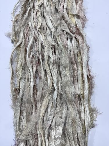 Maker's Craft Recycled Fuzzy Fringes Sari Silk Ribbon Yarn 35yards, 100Grams For DIY Knitting Crocheting Gift Wrapping, Christmas Decoration, Macrame Makers, Jewelry Making, RugsHooking (NaturalWhite)