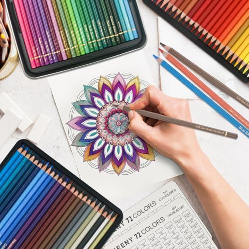 Colored Pencils for Adult Coloring Books, 72 Oil-Based Color Pencils, 3.8mm Soft Core, Vibrant Coloring Pencils in Tin Box for Adults, Professional Art Supplies forSketching, Blending and Layering.