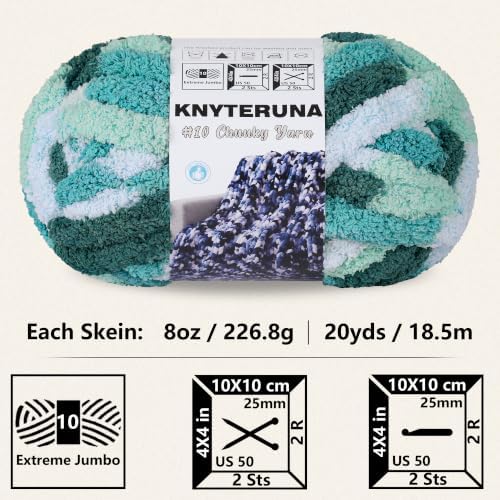 Chunky Yarn for Hand Knitting, #10 Chunky Blanket Chenille Yarn, Bulky Thick Jumbo Yarn, Super Chunky Knit Yarn for Crocheting, 8 Skein (8oz,20yds Each Skein), Tie Dye Forest&Teal&Sky&Mint