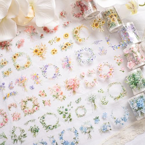 PET Tape Stickers for Journaling 6 Rolls Flower Washi Tape Stickers Decorative Tape for Crafts Scrapbooking Junk Journal Supplies, Wreath of Letters
