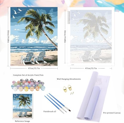 Natuyalo Paint by Numbers Kit for Adults - Beach DIY Adult Paint by Number Kits Seascape Acrylic Canvas Painting for Adults Beginners Kids Art Crafts Without Frame, 16x20 Inch
