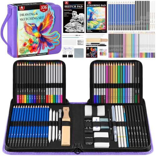 106 PCS Art Supplies Sketching Kit, Pro Drawing Pencils Art Kit Adults Gift