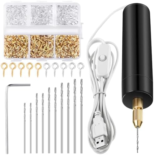 Lanties 312 Pcs Electric Resin Drill Set for Casting Resin Molds | 300 Gold Silver Eye Screws, 10 Twist Drills Bits (0.8 to 1.2mm), Electric Drill with Wrench Hex Pin Vise for DIY Craft Making