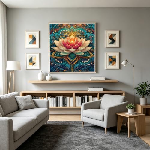 DIYDECORFUN Mandala Lotus Flower 5D Full Drill Diamond Art Kits for Adults & Beginners, Round Diamond Painting, DIY Gem Art & Diamond Dots, Stress Relief Crafts for Home Wall Decor, 12 x 16 Inch