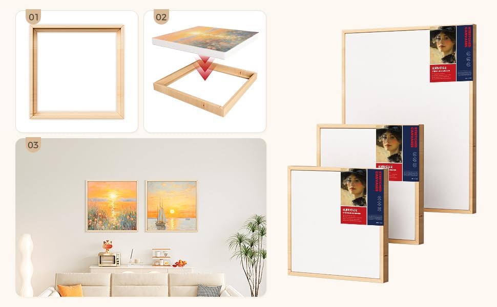 HANSILK 3pk 4 * 4/6 * 6/8 * 8 Inch Blank Framed Canvas Wall Art - Premium White Cotton Canvas Panel for DIY Painting, Custom Art, Home Decor - Ready to Hang, Pre-Stretched Wood Frame -3pcs