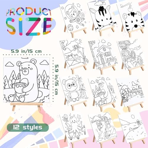 48PCS 12 Sets Printed Canvas Paint Art 12 Pcs Wooden Easel Set Paint Pots and Brushes and 12 Pre Drawn Canvas Panel 12 Pcs Mini Apron and Tote Bag for Kids(Cute)