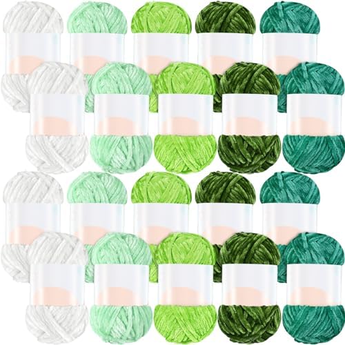 Woanger 20 Skeins Chenille Yarn Bulk for Crochet Knit 2000g, Green Tone