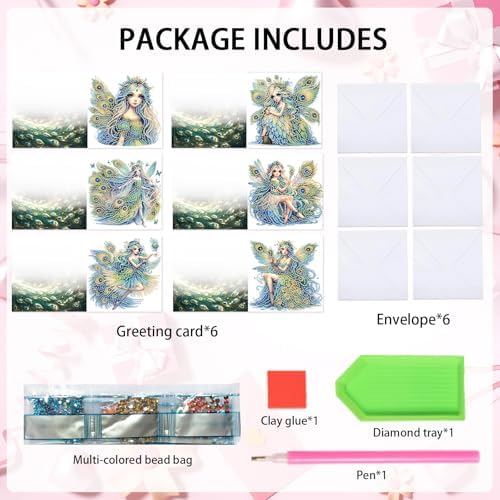 Tontut 6pcs Diamond Art Painting Kit Greeting Card, Green Angel Butterfly 5D DIY Diamond Handmade Holiday Greeting Card with Envelope, Holiday Gift Congratulations