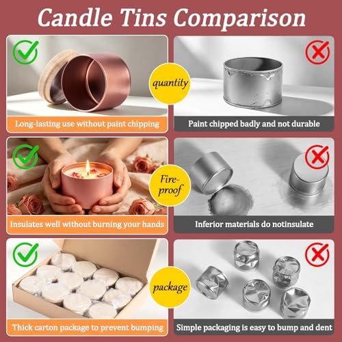 Candle Tins Jars Container Vessels for Making Candle 8 oz Rose Glod Empty Candle Tins Can With Lid Wax Container Bulk Making DIY Candle Supplies Accessories (Rose Gold with Woodgrain Lid, 8oz-12pcs)