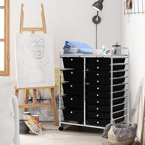 LDAILY 15 Drawer Rolling Storage Cart, Rolling Cart with Drawers for Classroom, Art Supply Craft Organizer on Wheel with Metal Frame & Handles for Home Office School