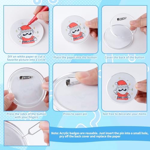 MK.Bear 25 Pack Acrylic Button Pins Badge, 70mm/2.76 Inch Clear Pins Buttons Kit with Blank Round Paper, DIY Badges Acrylic Pin Buttons for Christmas Craft Supplies